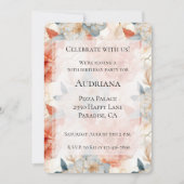 Invitation Pêche Rose Bleu Marbre blanc Floral Anniversaire (Devant)