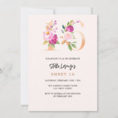 Invitation Pêche rose nombres floraux or Sweet 16 (Devant)