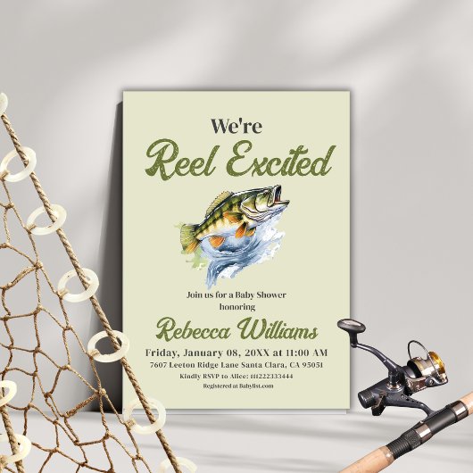 Invitation Pêche Sage Green Reel Baby shower excité