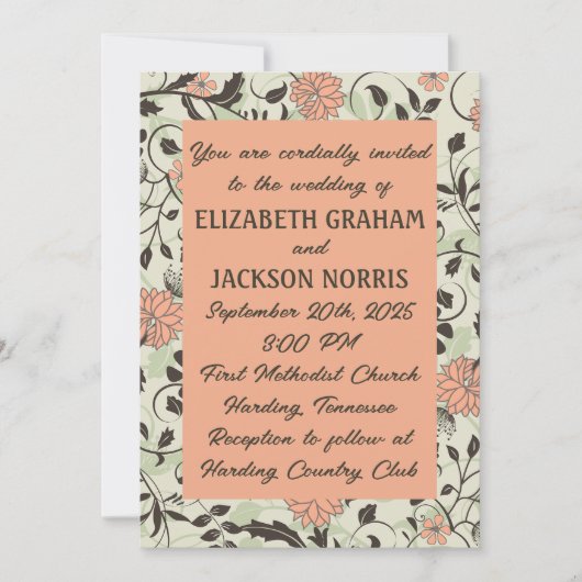 Invitation Pêche, vert et Brown Mariage Chintz (Devant)