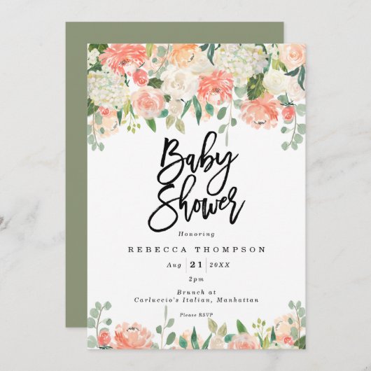 Invitation pêche vert pâle boho baby shower moderne (Devant / Derrière)