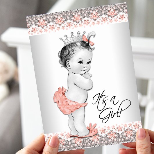 Invitation Pêche vintage et Gris Baby Girl Douche