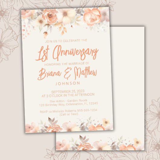 Invitation Pêcher Beige Ivory Floral 1er anniversaire Mariage