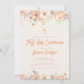 Invitation Pêcher Beige Ivory Floral Première Communion saint (Devant)
