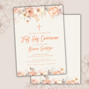 Invitation Pêcher Beige Ivory Floral Première Communion saint