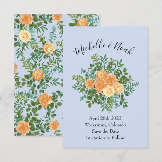 Invitation Pêcher bleu clair Mariage Roses Floral (Devant / Derrière)
