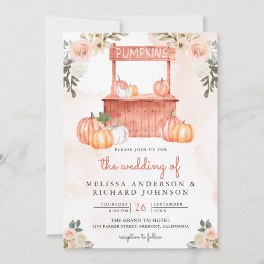 Invitation Pêcher Citrouille floral Mariage de code QR du mar (Devant)