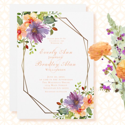 Invitation Pêcher Dusty violet vert Mariage Floral