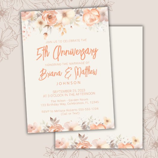 Invitation Pêcher fleurs d'ivoire beige 5e anniversaire Maria