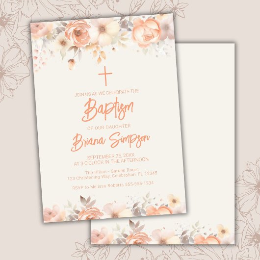 Invitation Pêcher Fleurs d'ivoire Beige Baptême Floral