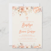 Invitation Pêcher Fleurs d'ivoire Beige Baptême Floral (Devant)