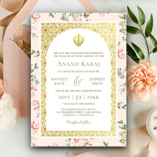 Invitation Pêcher Floral Anand Karaj Punjabi Sikh Mariage