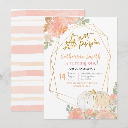 Invitation Pêcher Floral Gold Citrouille 1er anniversaire (Devant / Derrière)