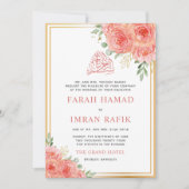 Invitation Pêcher Floral Gold Frame Mariage musulman islamiqu (Devant)