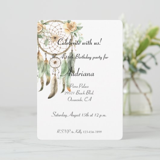 Invitation Pêcher Floral Green Dream Catcher Anniversaire (Debout devant)