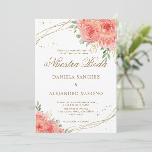 Invitation Pêcher Floral Or Nuestra Boda Mariage espagnol (Debout devant)