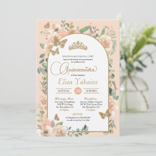 Invitation Pêcher Floral Papillon d'or Aquarelle Quinceañera