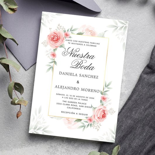 Invitation Pêcher Floral Verdure Nuestra Boda Mariage espagno