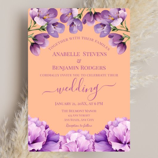 Invitation Pêcher Fuzz et Flore Lilac avec Mariage de code QR