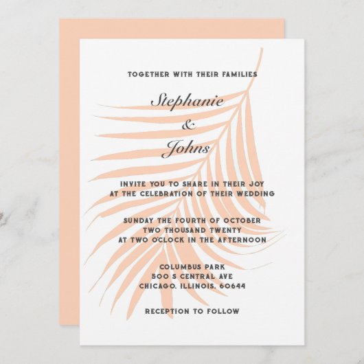 Invitation Pêcher Fuzz Palm Tree Feuille tropicale Mariage él (Devant / Derrière)