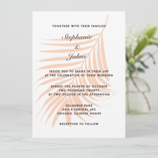 Invitation Pêcher Fuzz Palm Tree Feuille tropicale Mariage él (Debout devant)
