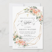 Invitation Pêcher ivoire rose floral vert Baptême Géométrique (Devant)