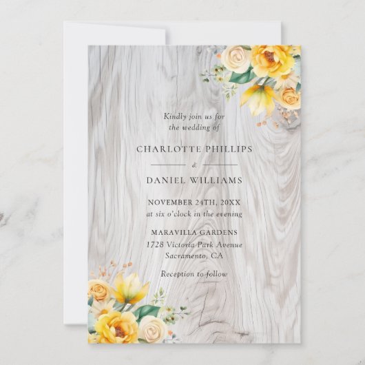 Invitation Pêcher Jaune Lumière Bois Rustique Mariage Floral (Devant)