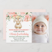 Invitation Pêcher Lapin Floral Photo 1er Anniversaire Invitat (Devant / Derrière)