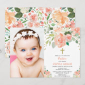 Invitation Pêcher or floral aquarelles baptême fille photo (Devant / Derrière)