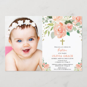 Invitation Pêcher or floral aquarelles baptême fille photo