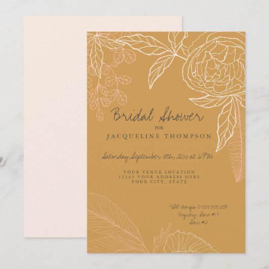 Invitation Pecil Line Art Harvest Gold Floral Peony Leaf (Devant / Derrière)