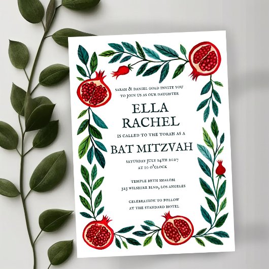 Invitation Pegranes Custom Bat Bar Mitzvah Aquarelle