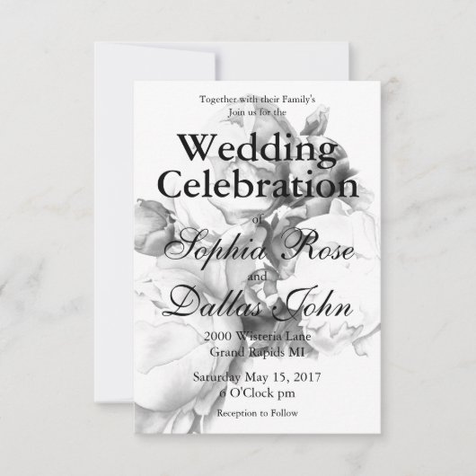 Invitation Peine blanche noire élégante aquarelle florale art (Devant)