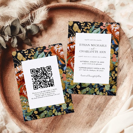 Invitation Peine florale Burnt Orange Peony Mariage de code Q