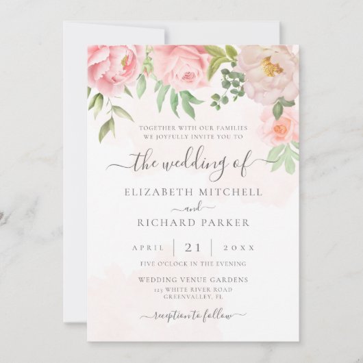 Invitation Peine florale rose pâle tout en un Mariage de code (Devant)