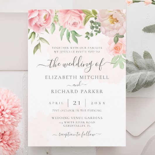 Invitation Peine florale rose pâle tout en un Mariage de code