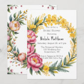 Invitation Peine rose et Fête des mariées florale jaune (Devant / Derrière)