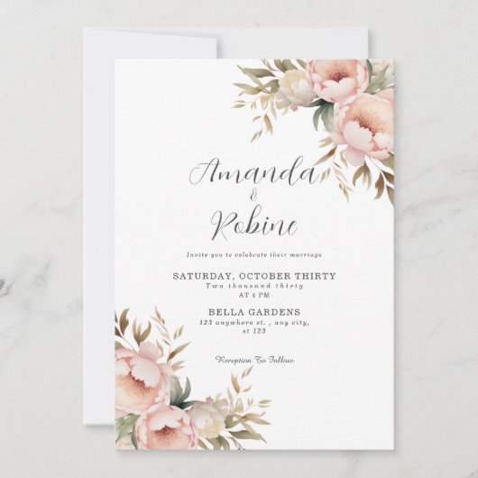 Invitation Peine rose simple et Mariage Feuille vert (Devant)