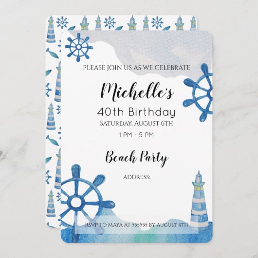 Invitation peinte à la main de Lighthouse Beach (Devant / Derrière)