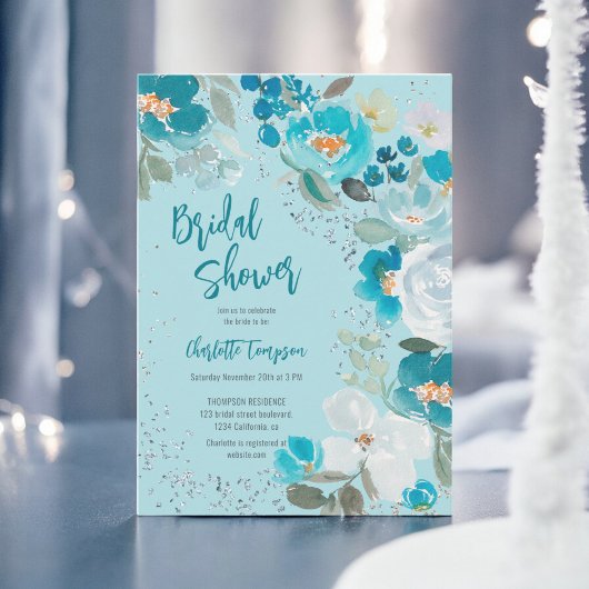 Invitation Peinture à la main Bleue glace Floral Hiver nuptia
