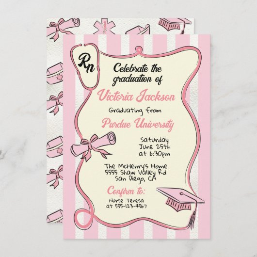 Invitation Peinture à la main rose Médicale infirmière infirm (Devant / Derrière)