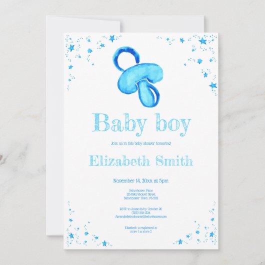 Invitation Peinture à l'eau bleue pacificateur baby shower (Devant)