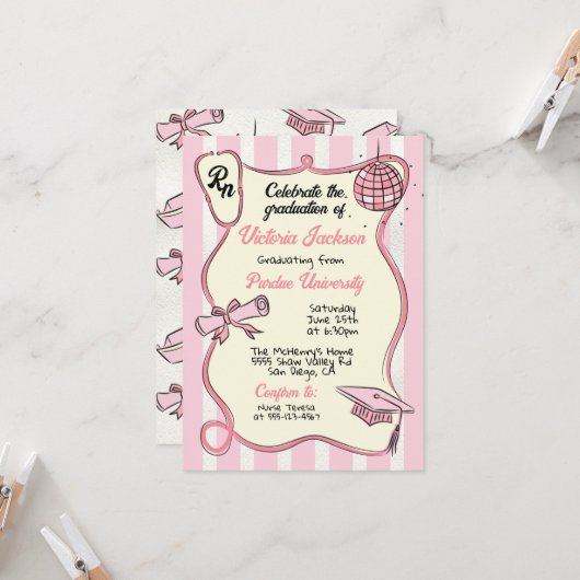 Invitation Peinture à main rose Médicale RN Disco Ball Gradua (Devant/Arrière en situation)