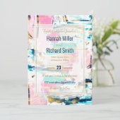 Invitation Peinture à pinceau bleu rose et or (Debout devant)