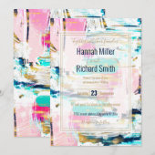 Invitation Peinture à pinceau bleu rose et or (Devant / Derrière)