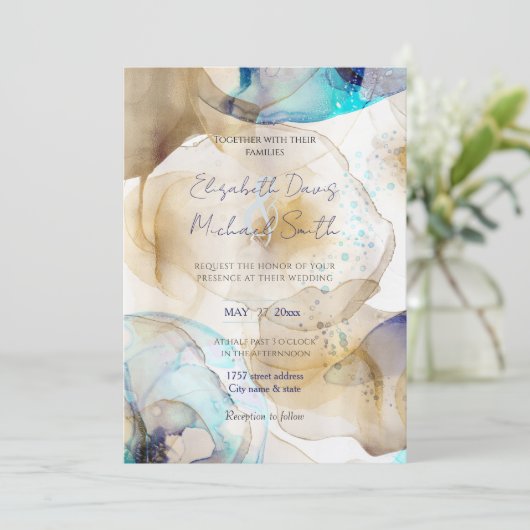 Invitation Peinture Abstraite d'art fluide en or bleu (Debout devant)