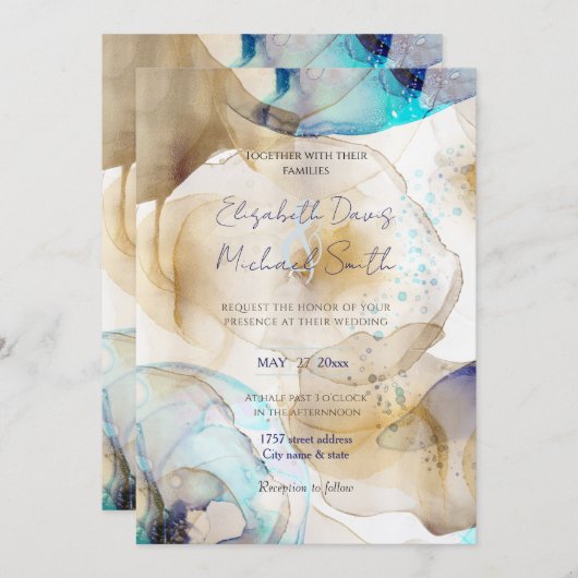 Invitation Peinture Abstraite d'art fluide en or bleu (Devant / Derrière)