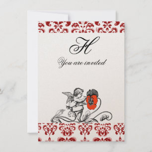 INVITATION PEINTURE D'ANGE D'UNE FLEUR ROUGE EN DAMAS MONOGRA