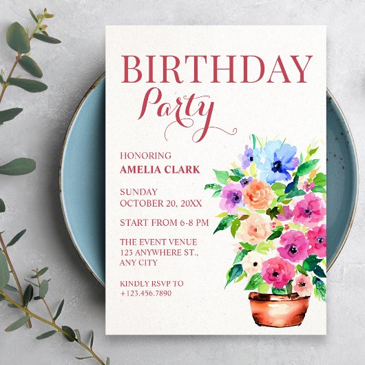 Invitation Peinture de pot de fleurs d'anniversaire