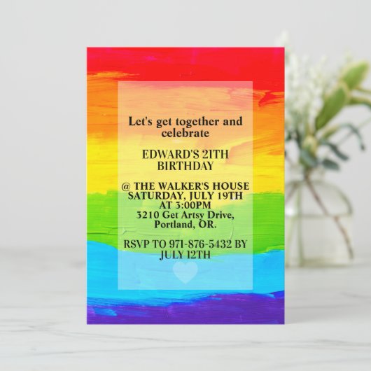Invitation Peinture en toile couleur arc-en-ciel fête d'anniv (Debout devant)
